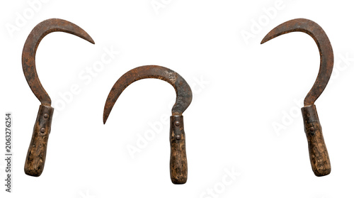 Photos Set of 3 multi-angle views of sharp medieval hand sickle curved blade agricultur