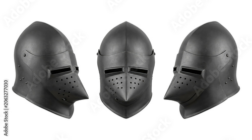 Canvas Print Set of 3 multi-angle variations of medieval bascinet knight helmet steel armor h