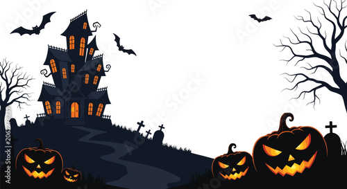Foto Flat style vector of spooky Halloween scenery featuring haunted architecture, glowing pumpkins, graveyard silhouettes and eerie atmosphere