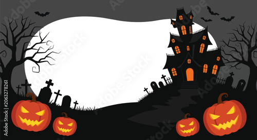 Foto Flat style vector of spooky Halloween scenery featuring haunted architecture, glowing pumpkins, graveyard silhouettes and eerie atmosphere