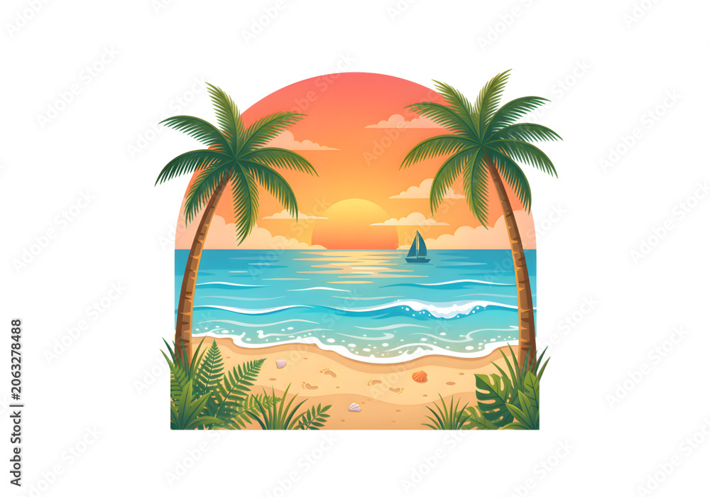 Fototapeta premium Tropical beach sunset with palm trees and sailboat orange and blue png on transparent background