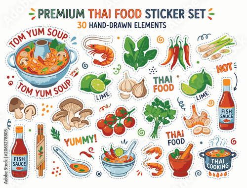 Hand drawn Thai food sticker set with Tom Yum soup, ingredients and cooking elements vector