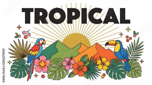 Vibrant tropical paradise with parrots and flowers
