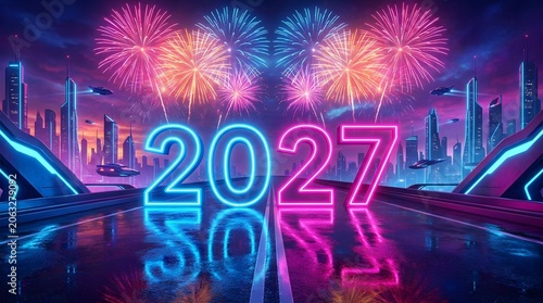 Neon lit futuristic cityscape celebrating 2027 with vibrant fireworks