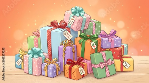 Colorful stack of christmas presents with ribbons and gift tags