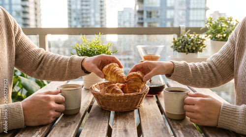 Two people sharing pastries on a balcony. They hold a basket of croissants and coffee cups. The background features modern buildings and greenery.