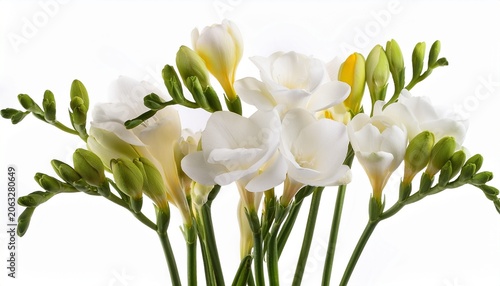 twigs of white freesia flowers isolated on white or white background