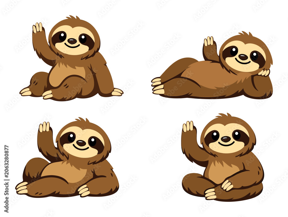 Fototapeta premium Cartoon sloth characters wave, smile, and relax in various poses, acting as mascots for tropical wildlife themes