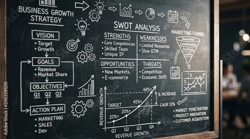 Chalkboard with business growth strategy, SWOT analysis, and graphs. Contains diagrams, text, and illustrations in white chalk on a black background.