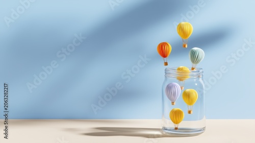 Glass jar filled with miniature hot air balloons floating in warm light, symbolizing dreams, adventure, and limitless imagination.