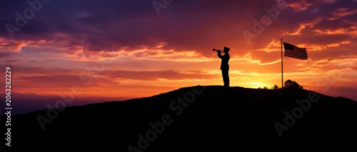 Panel kuchenny z motywem Silhouette of soldier playing bugle near American flag on hill during sunset. Patriotic memorial scene for Independence Day. Tribute to military service and national holiday pride.
