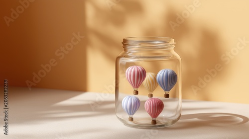 Glass jar filled with miniature hot air balloons floating in warm light, symbolizing dreams, adventure, and limitless imagination.