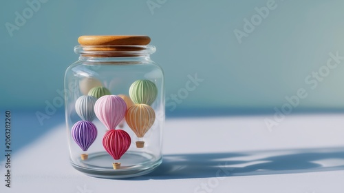Glass jar filled with miniature hot air balloons floating in warm light, symbolizing dreams, adventure, and limitless imagination.