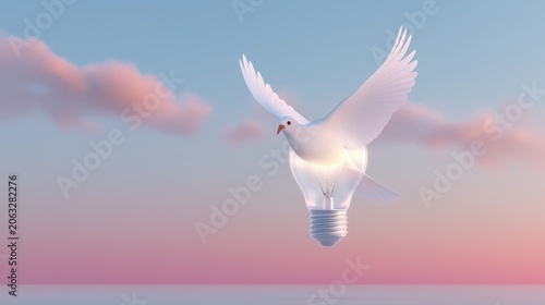 Glowing light bulb transforming into a white bird in midair, symbolizing inspiration, innovation, freedom, and creative breakthrough.