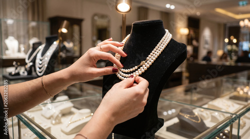A woman adjusts a pearl necklace on a display in a jewelry store. The elegant interior features various jewelry pieces in glass cases.