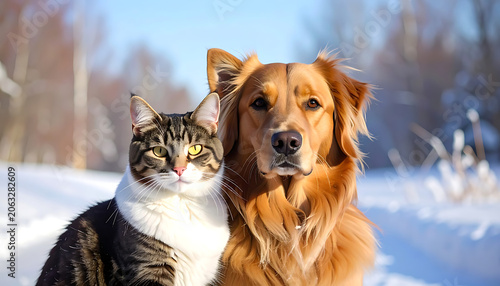 A friendly tabby cat and a golden retriever dog sitting together outdoors in the snow, winter scene