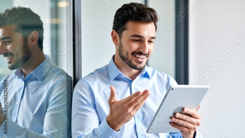 inclusive workplace representation of charismatic leader with depigmented hands holding digital device