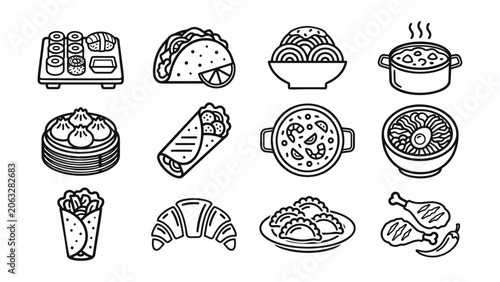 A collection of twelve diverse global cuisine food illustrations presented as simple line art icons isolated on a white background