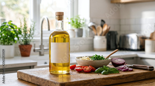 A bottle of sunflower oil sits on a wooden cutting board. Fresh vegetables, including tomatoes and herbs, are arranged nearby in a bright kitchen setting.