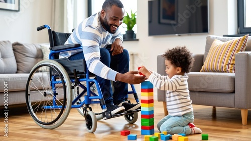 african american father in wheelchair playing with toddler on living room floor