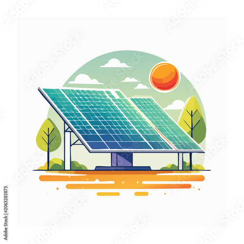 Solar panel house with sun and tree flat design
