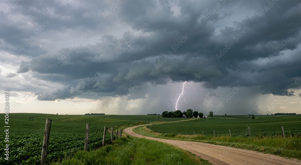 Fototapeta premium Bright lightning strike from a dark thunderstorm cloud over a rural farming landscape. Dramatic summer weather with heavy rain and a dirt road through green fields