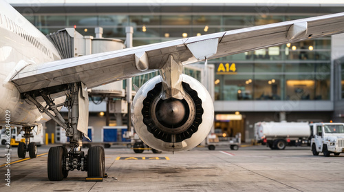 Close-up of an aircraft wing and engine at an airport. The jet engine is visible, showcasing its design and structure. The background includes airport buildings and ground vehicles.