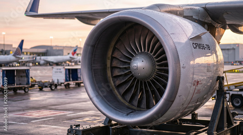 Close-up of a jet engine on an aircraft at an airport. The engine is metallic with a large fan and is mounted on a support structure. Background shows airport tarmac and planes.
