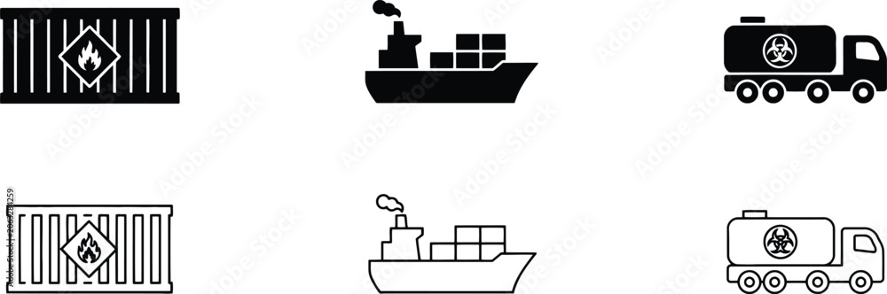 Fototapeta premium Set of black and white logistics featuring a shipping container with fire symbol, cargo ship, and biohazard tanker truck