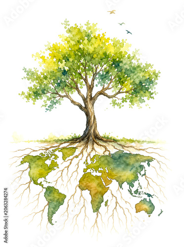 Symbolic Watercolor Tree With World Map Roots Representing Global Connection and Environmental Unity