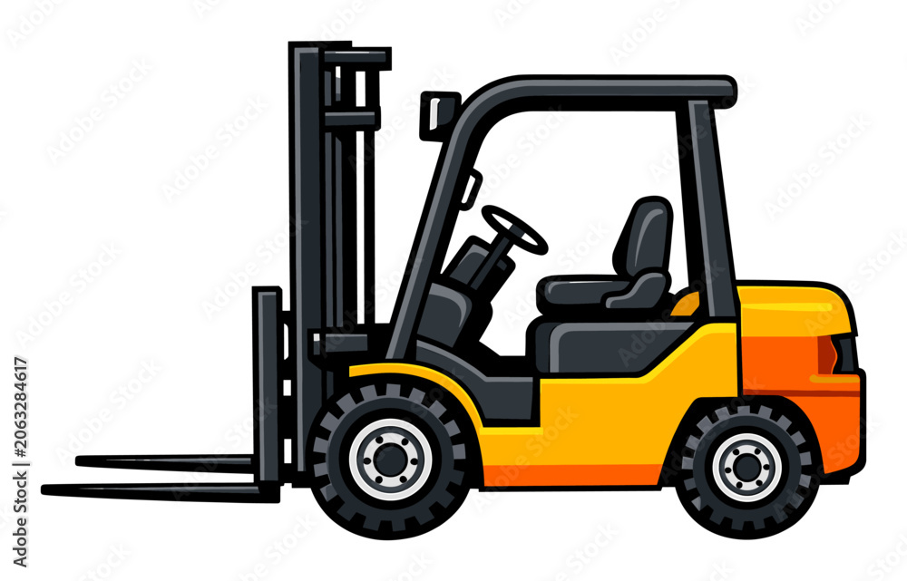 Fototapeta premium Lifting cargo, a yellow-bodied industrial forklift with black accents showcases heavy warehouse machinery