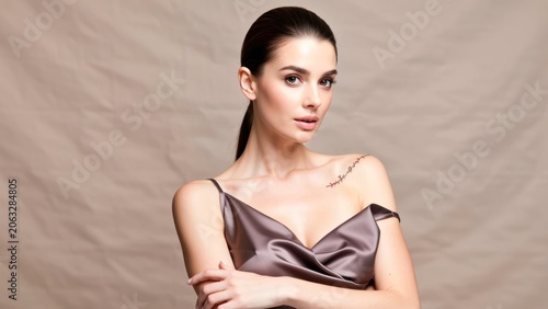 fashion model with script tattoo on chest wearing lace corset