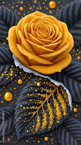 Luxury yellow rose botanical art with dark leaves and golden dust particles.
