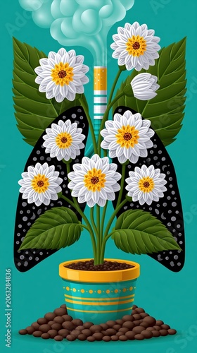 Conceptual illustration of white flowers blooming inside dark black human lungs smoker detox metaphor.