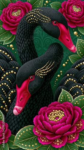 Decorative maximalist illustration of elegant black swans with dark pink flowers.