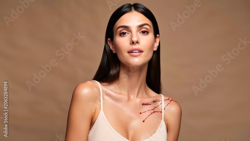 skin positivity portrait featuring female with wet look hair and gold earrings