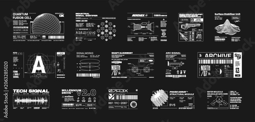 Tech labels and futuristic decals vector set with industrial tags, sci-fi micrographics, lettering, fake logo, industrial blueprints, barcodes. HUD graphics cyberpunk. Vector Micrographic labels, tags