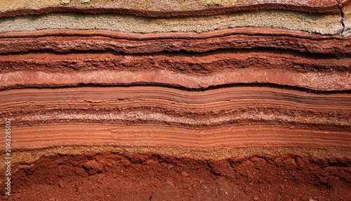 close up texture of layered geological soil strata showing horizontal bands of red clay and brown earth