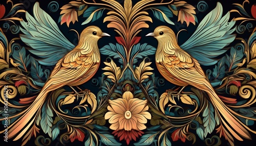 a decorative detailed ornate pattern featuring birds and flourishing foliage