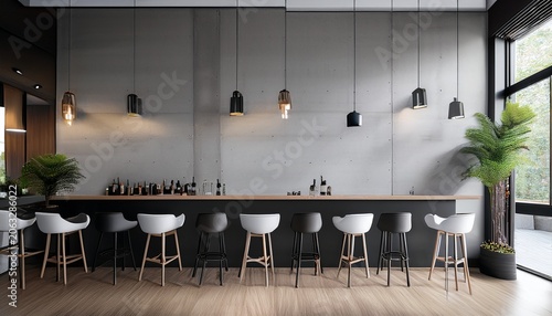 modern interior in cafe with bar and chairs with concrete walls design ideas and wooden floor indoors wall color is white and black