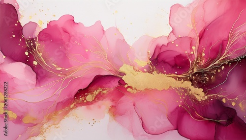 abstract alcohol ink painting background in pink with gold splashes
