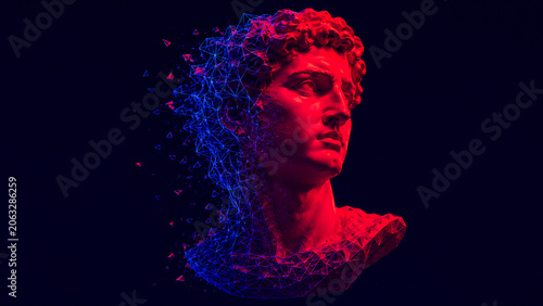 A neon classical bust merges with a futuristic geometric wireframe.