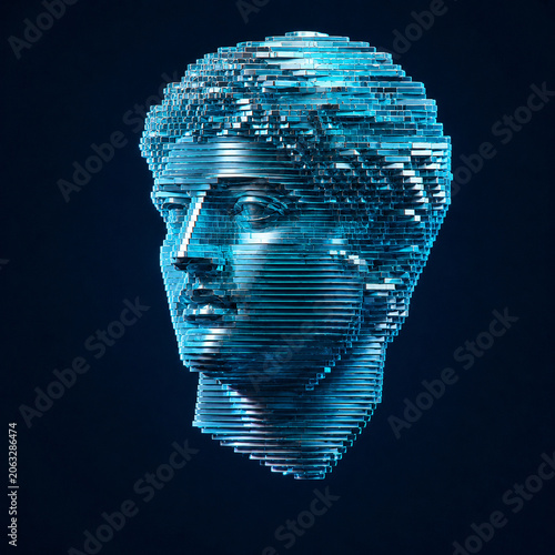 Futuristic digital human head constructed from layered metallic data structures and glowing blue technology.