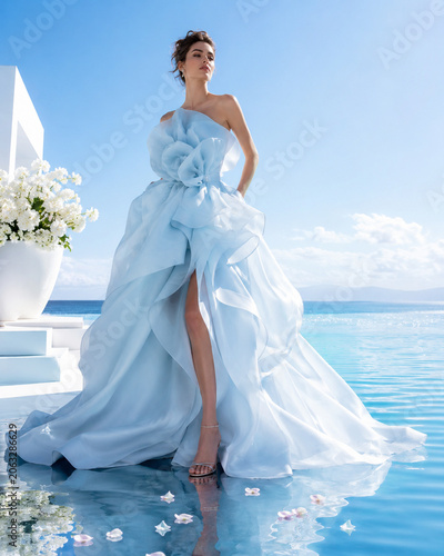 Elegant woman in a white gown poses beside a pool overlooking the sea.