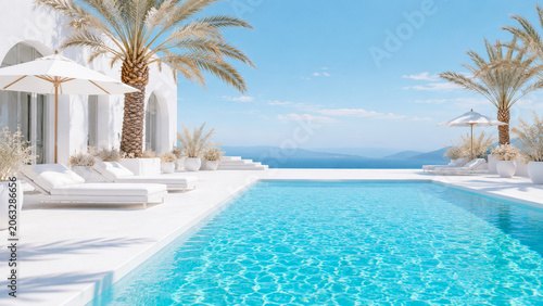 A luxurious white villa with a turquoise pool overlooks the sea and mountains.