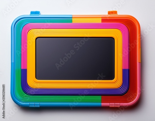 colorful toy tablet with a blank black screen and a multicolored case on a white background