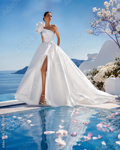 Elegant woman in a white gown poses beside a pool overlooking the sea.