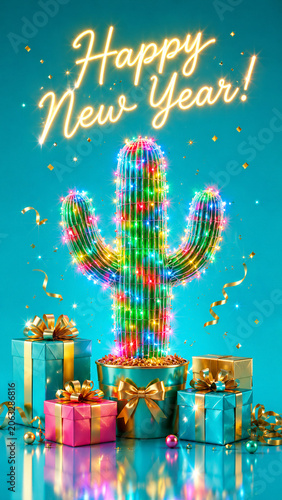 A festive cactus wrapped in colorful lights stands among gifts beneath a Happy New Year greeting.