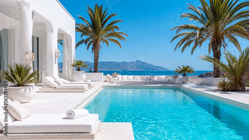 A luxurious white villa with a turquoise pool overlooks the sea and mountains.