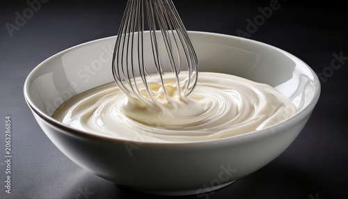 a stainless steel whisk blends cream in a pristine white bowl capturing the essence of culinary creativity and the art of cooking with elegance